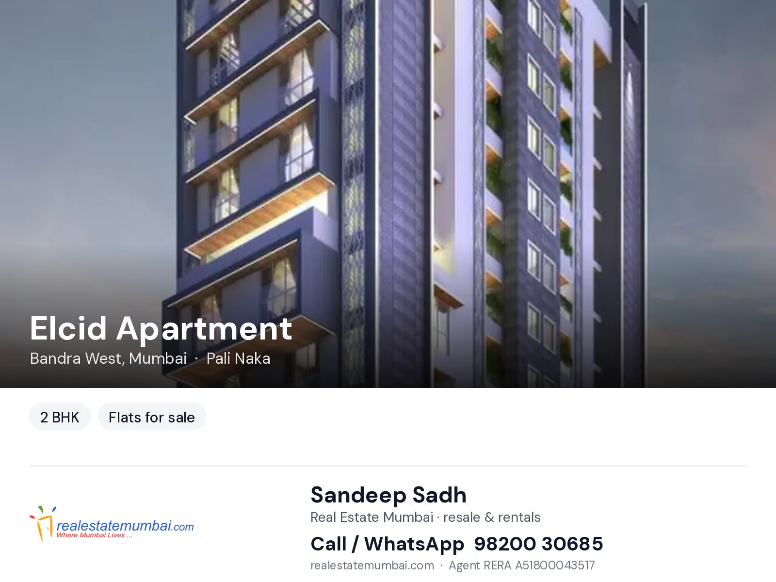 Elcid Apartment, Bandra West, Mumbai — 2 BHK flats for sale | Real Estate Mumbai, Sandeep Sadh 98200 30685