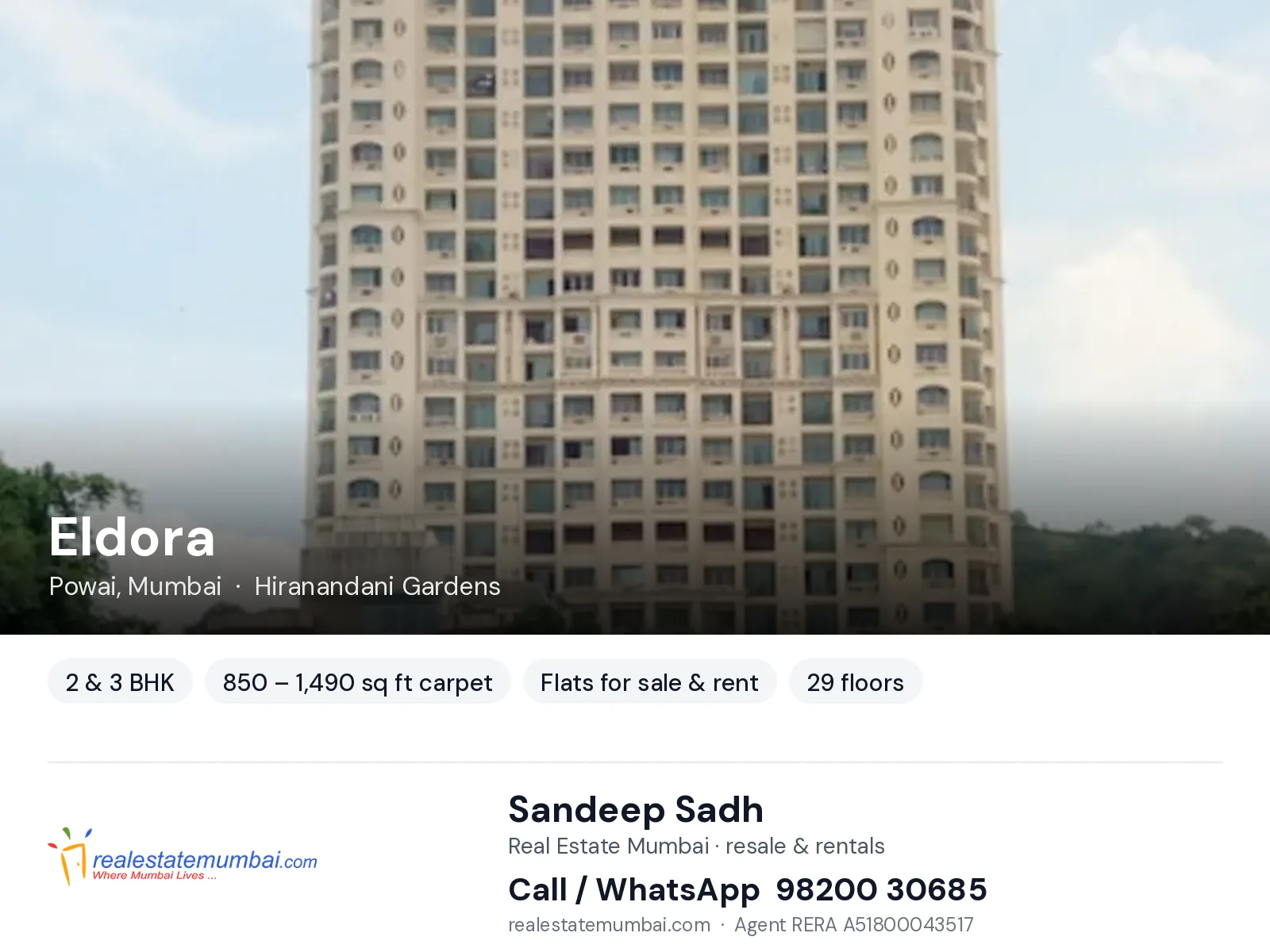 Eldora, Powai, Mumbai — 2 & 3 BHK flats for sale & rent | Real Estate Mumbai, Sandeep Sadh 98200 30685