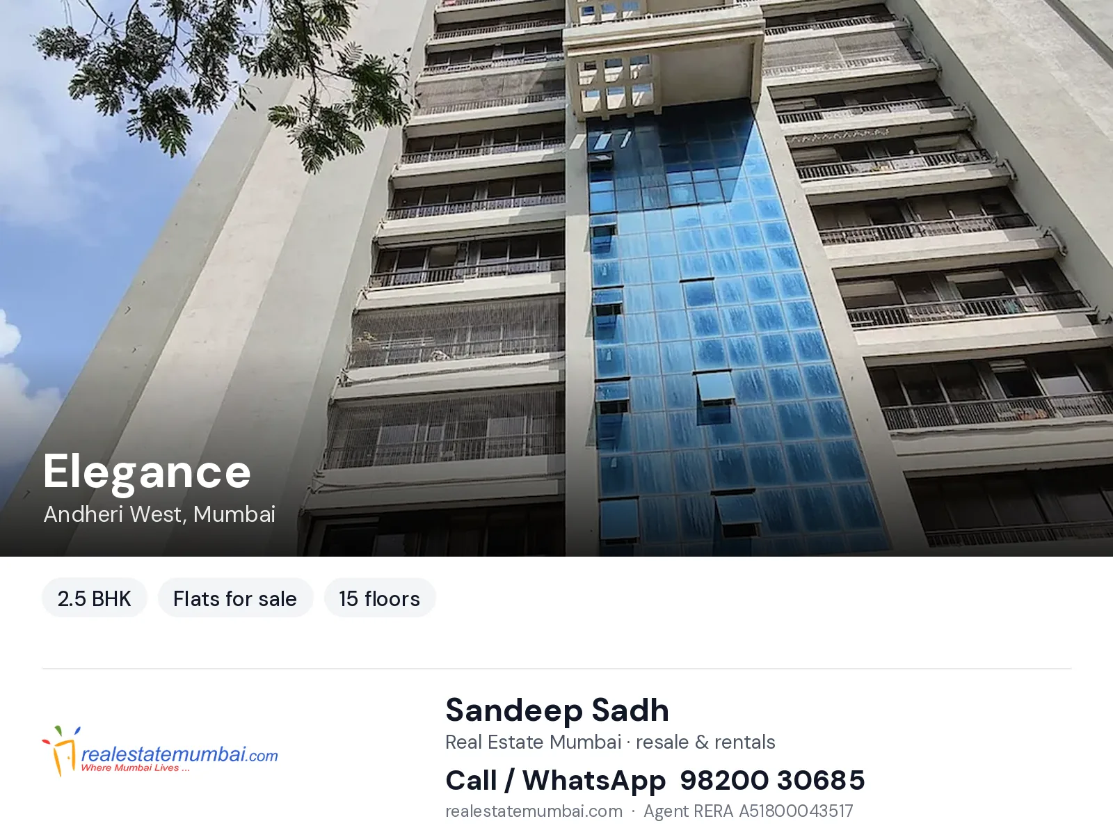 Elegance, Andheri West, Mumbai — 2.5 BHK flats for sale | Real Estate Mumbai, Sandeep Sadh 98200 30685