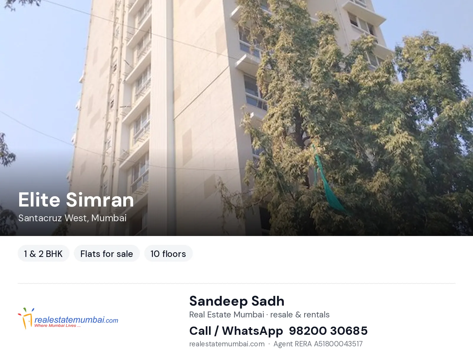 Elite Simran, Santacruz West, Mumbai — 1 & 2 BHK flats for sale | Real Estate Mumbai, Sandeep Sadh 98200 30685