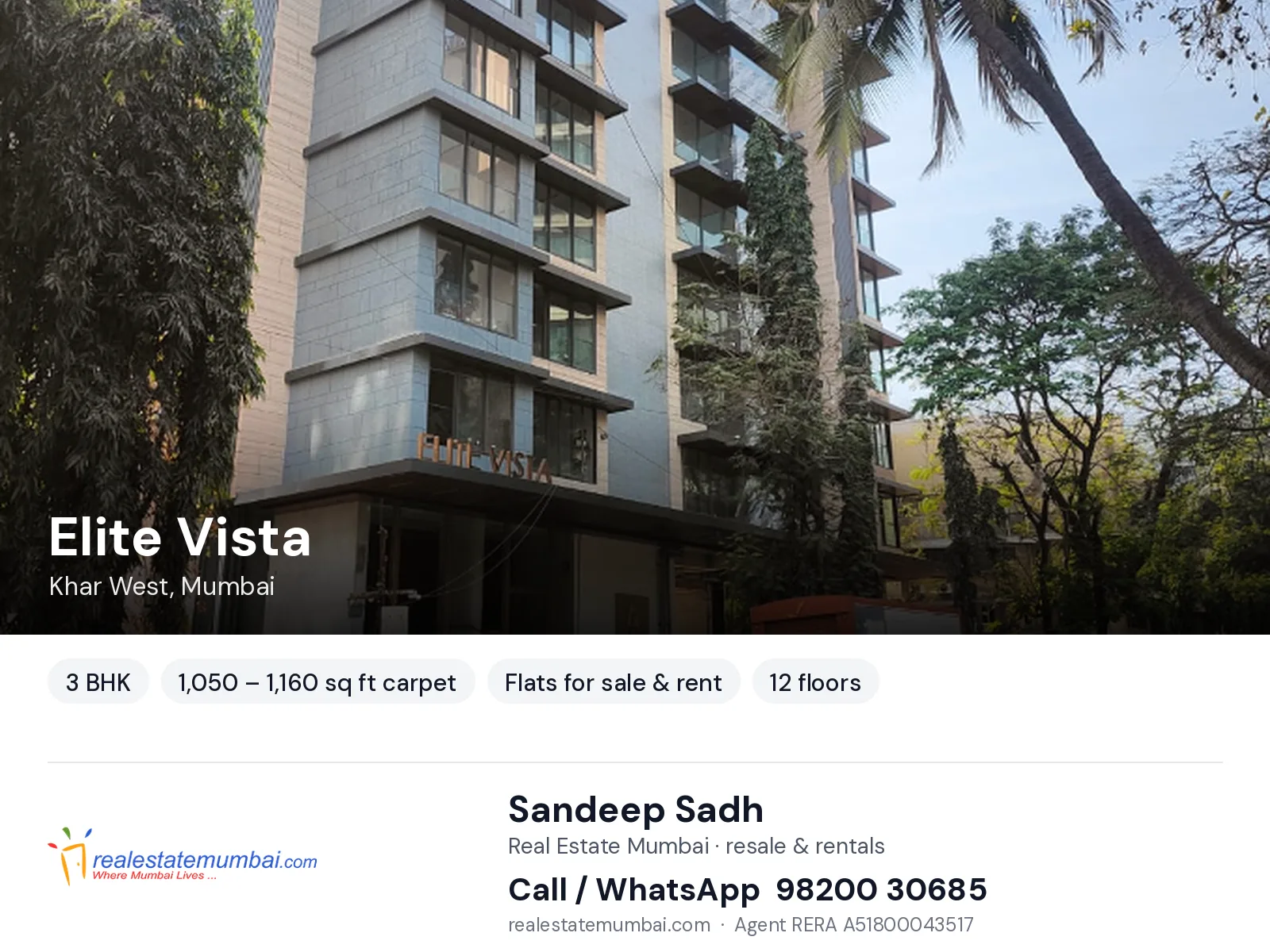 Elite Vista, Khar West, Mumbai — 3 BHK flats for sale & rent | Real Estate Mumbai, Sandeep Sadh 98200 30685