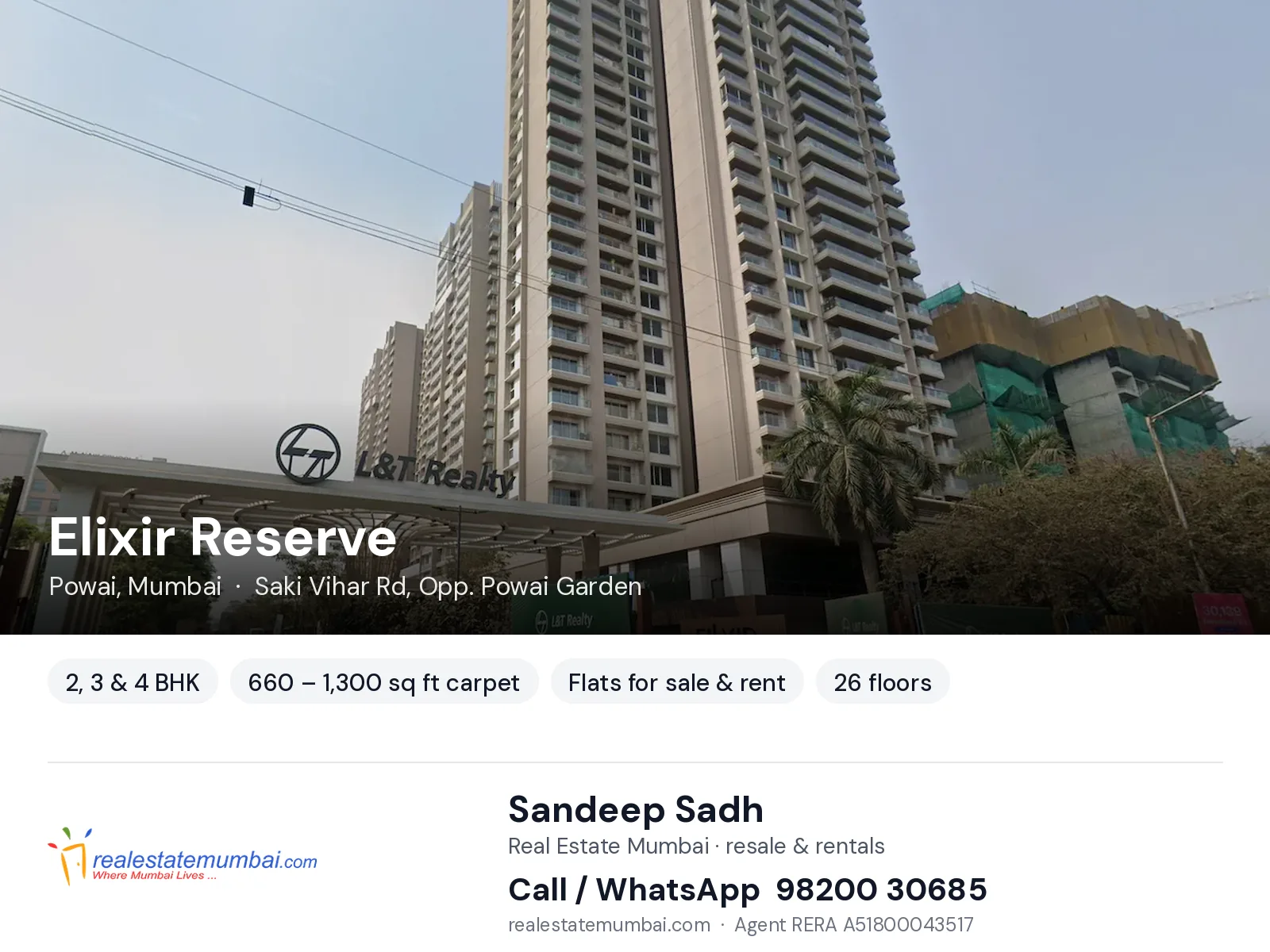 Elixir Reserve, Powai, Mumbai — 2, 3 & 4 BHK flats for sale & rent | Real Estate Mumbai, Sandeep Sadh 98200 30685