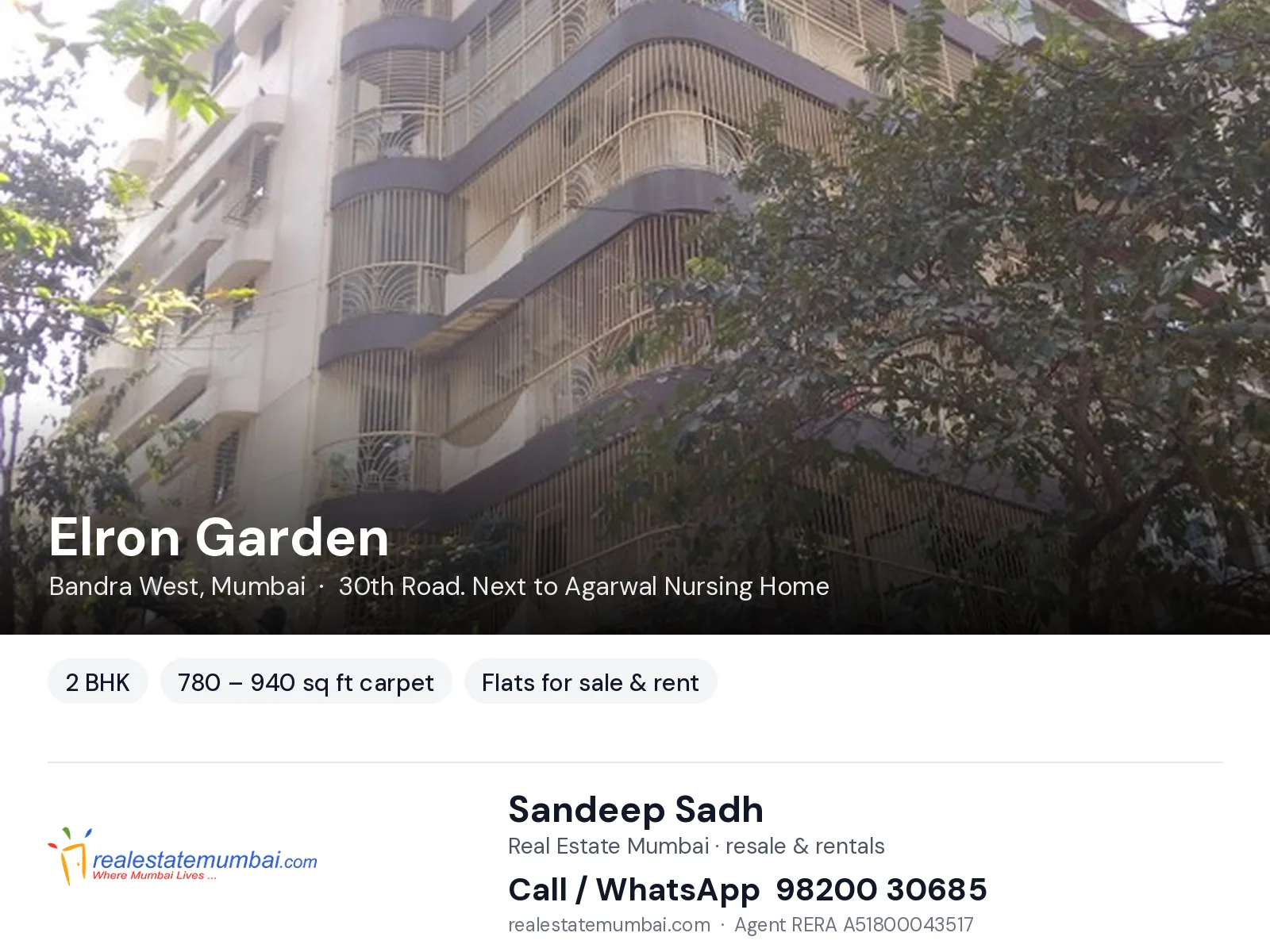 Elron Garden, Bandra West, Mumbai — 2 BHK flats for sale & rent | Real Estate Mumbai, Sandeep Sadh 98200 30685