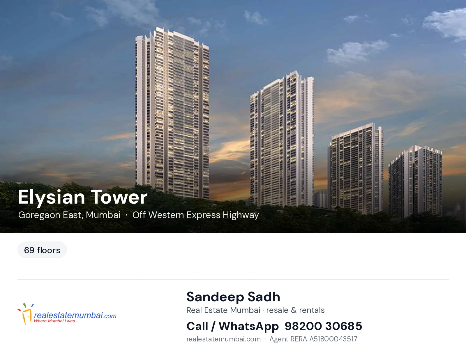 Elysian Tower, Goregaon East, Mumbai — flats | Real Estate Mumbai, Sandeep Sadh 98200 30685