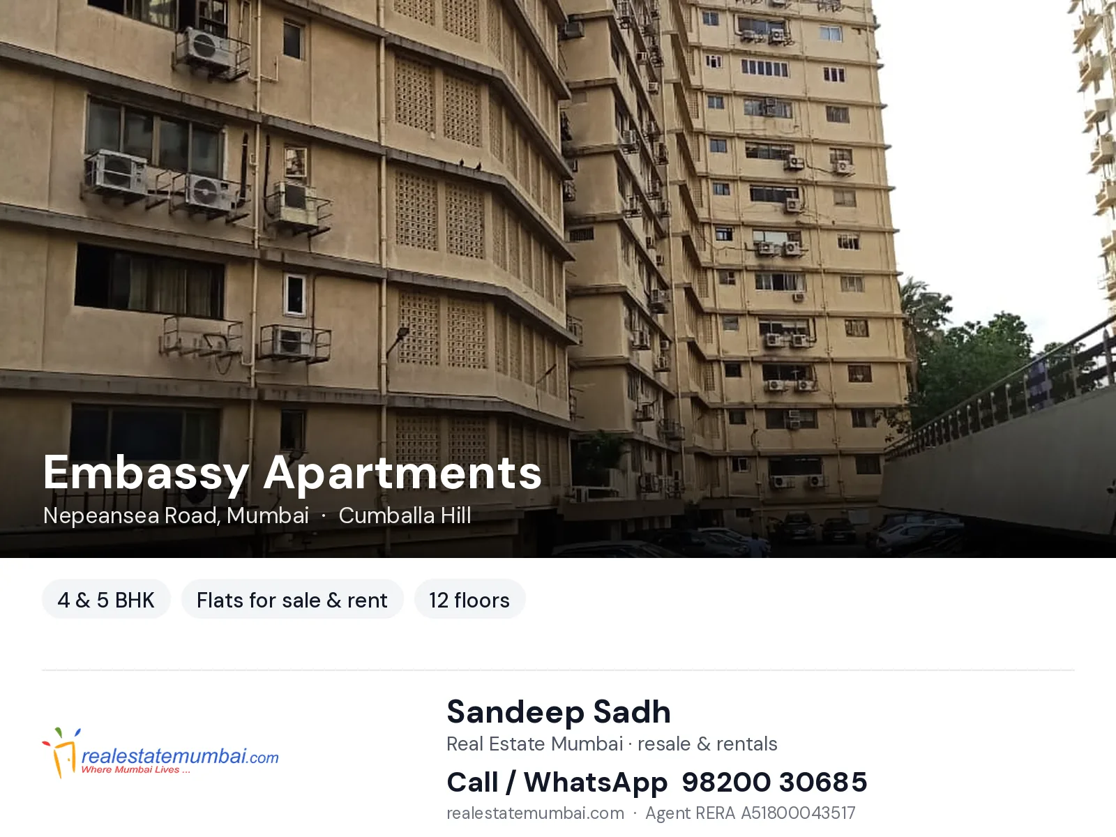 Embassy Apartments, Nepeansea Road, Mumbai — 4 & 5 BHK flats for sale & rent | Real Estate Mumbai, Sandeep Sadh 98200 30685