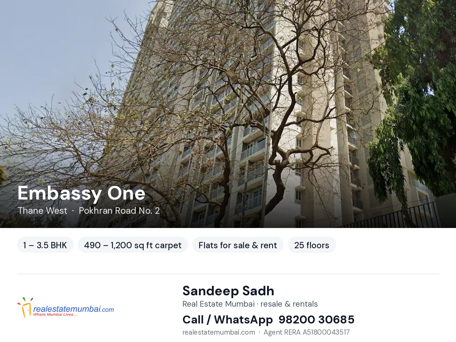 Embassy One, Thane West — 1 – 3.5 BHK flats for sale & rent | Real Estate Mumbai, Sandeep Sadh 98200 30685