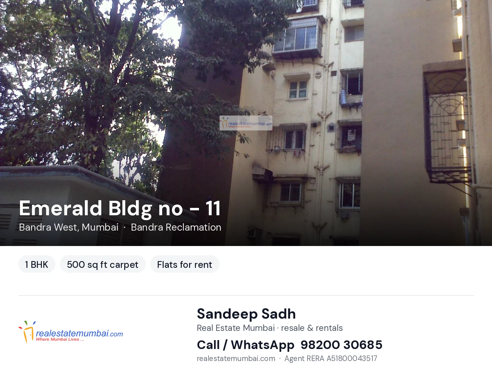 Emerald Bldg no - 11, Bandra West, Mumbai — 1 BHK flats for rent | Real Estate Mumbai, Sandeep Sadh 98200 30685