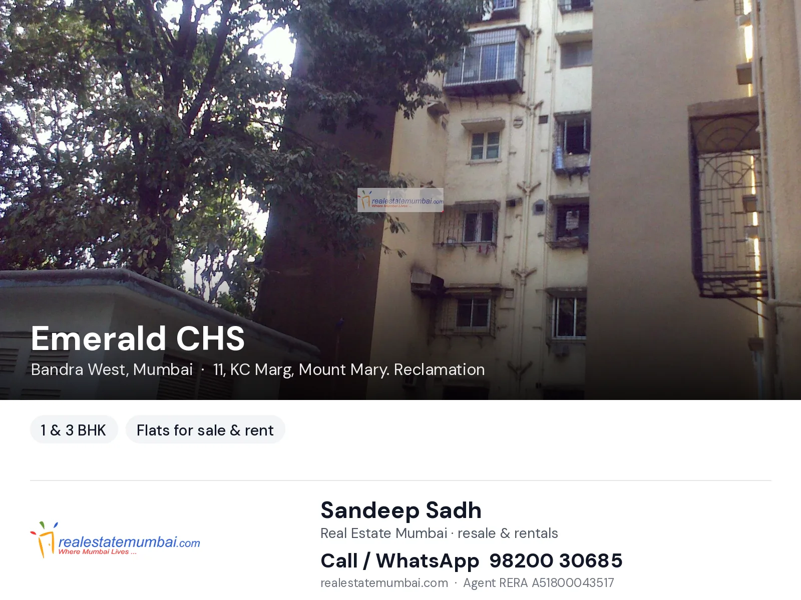 Emerald CHS, Bandra West, Mumbai — 1 & 3 BHK flats for sale & rent | Real Estate Mumbai, Sandeep Sadh 98200 30685