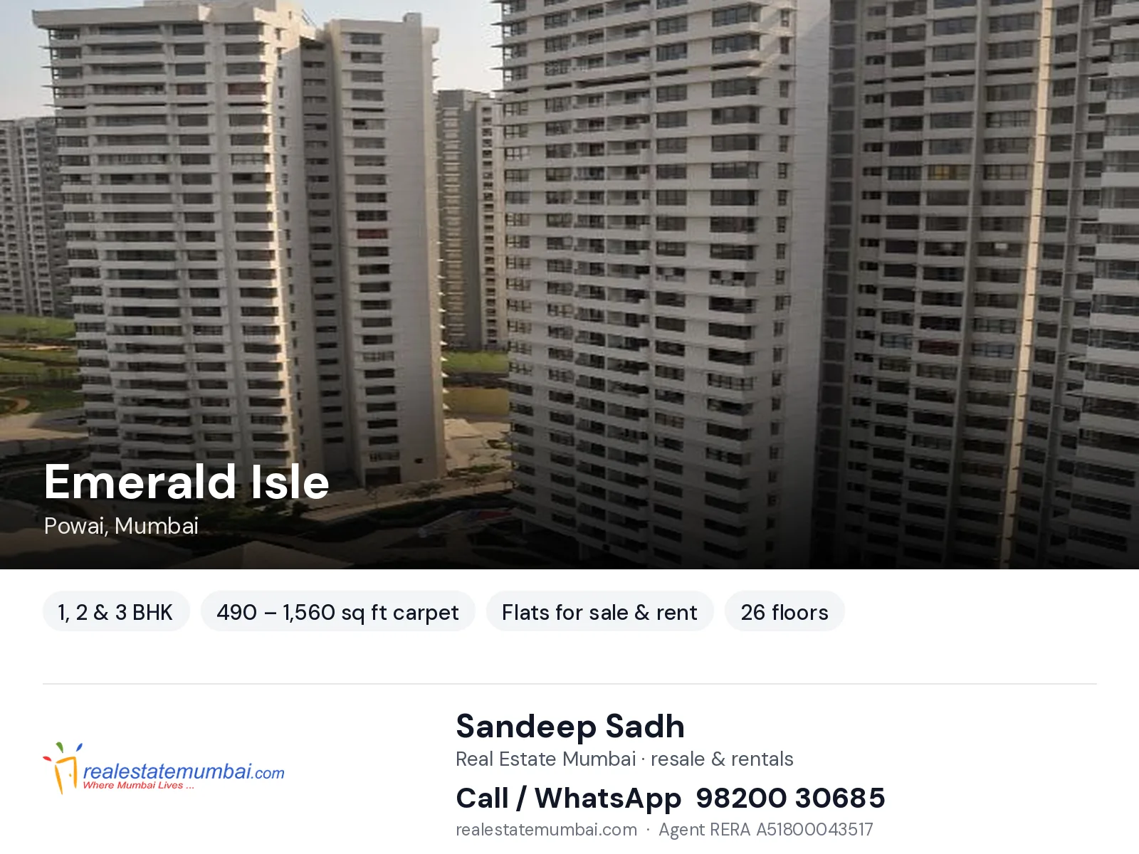 Emerald Isle, Powai, Mumbai — 1, 2 & 3 BHK flats for sale & rent | Real Estate Mumbai, Sandeep Sadh 98200 30685