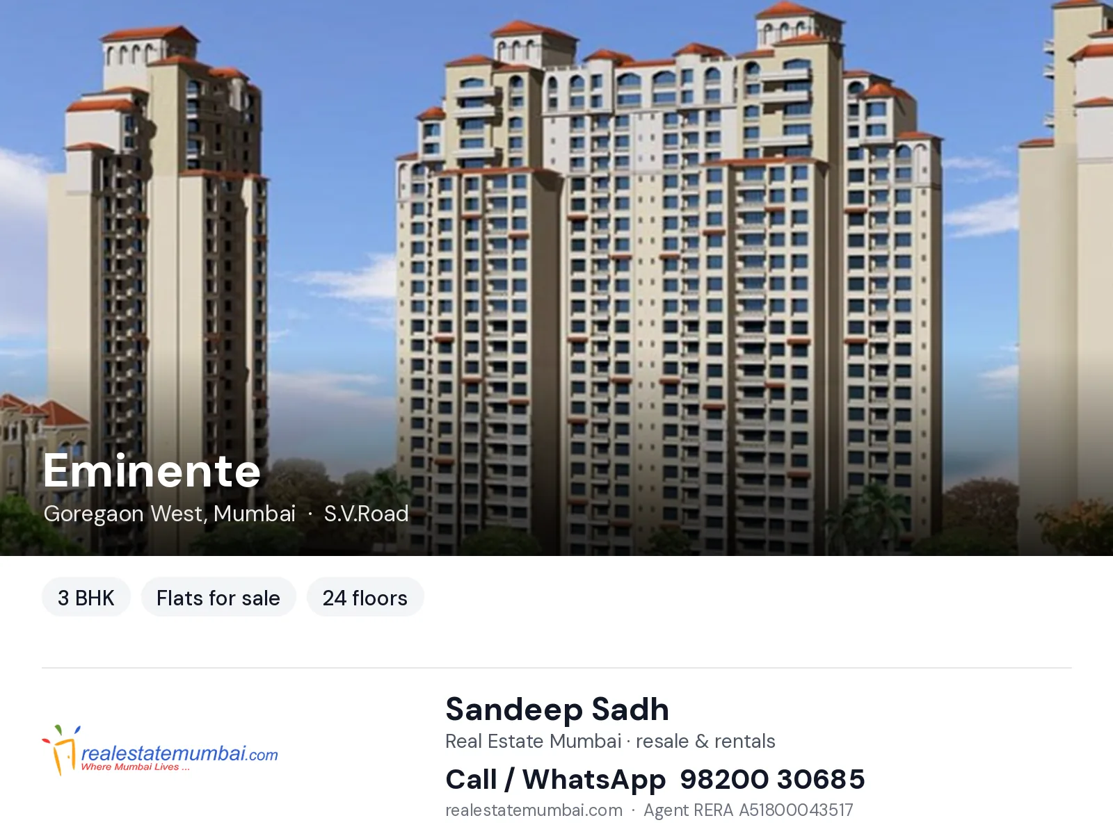 Eminente, Goregaon West, Mumbai — 3 BHK flats for sale | Real Estate Mumbai, Sandeep Sadh 98200 30685