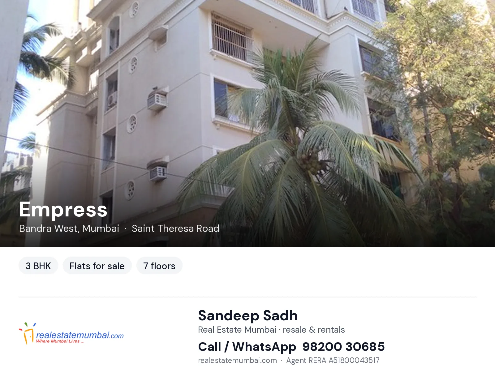 Empress, Bandra West, Mumbai — 3 BHK flats for sale | Real Estate Mumbai, Sandeep Sadh 98200 30685
