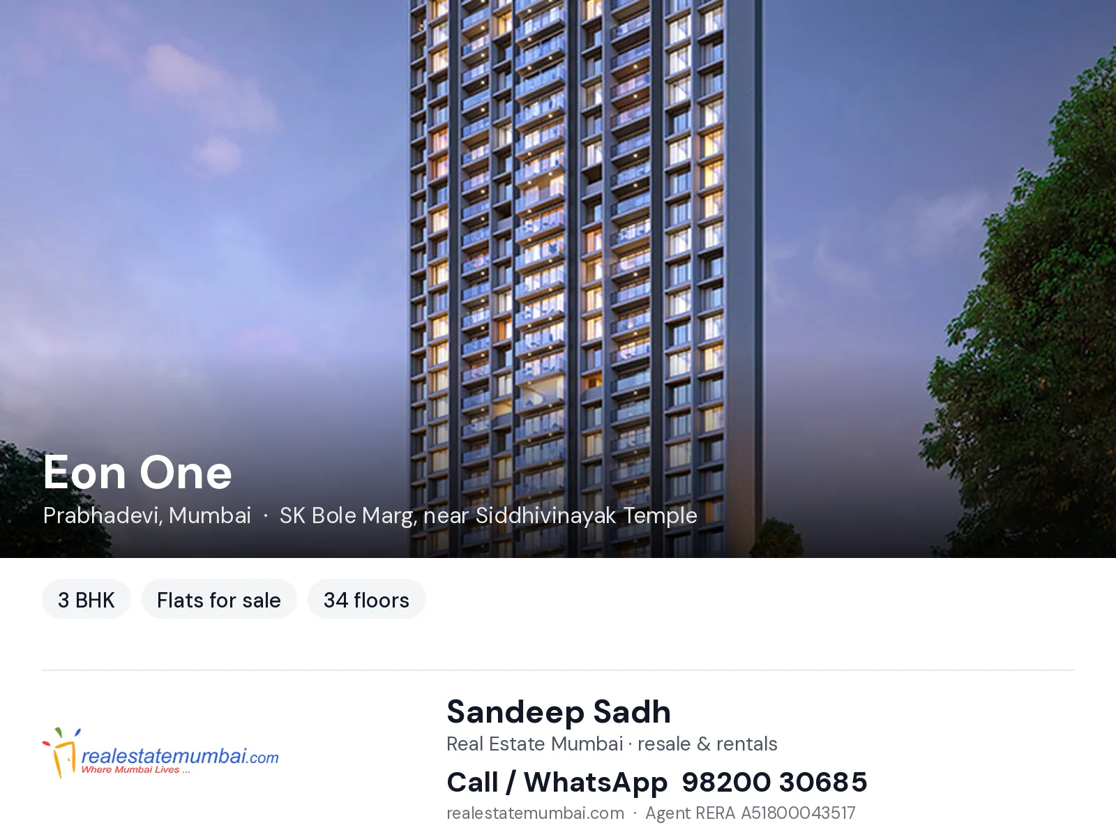 Eon One, Prabhadevi, Mumbai — 3 BHK flats for sale | Real Estate Mumbai, Sandeep Sadh 98200 30685