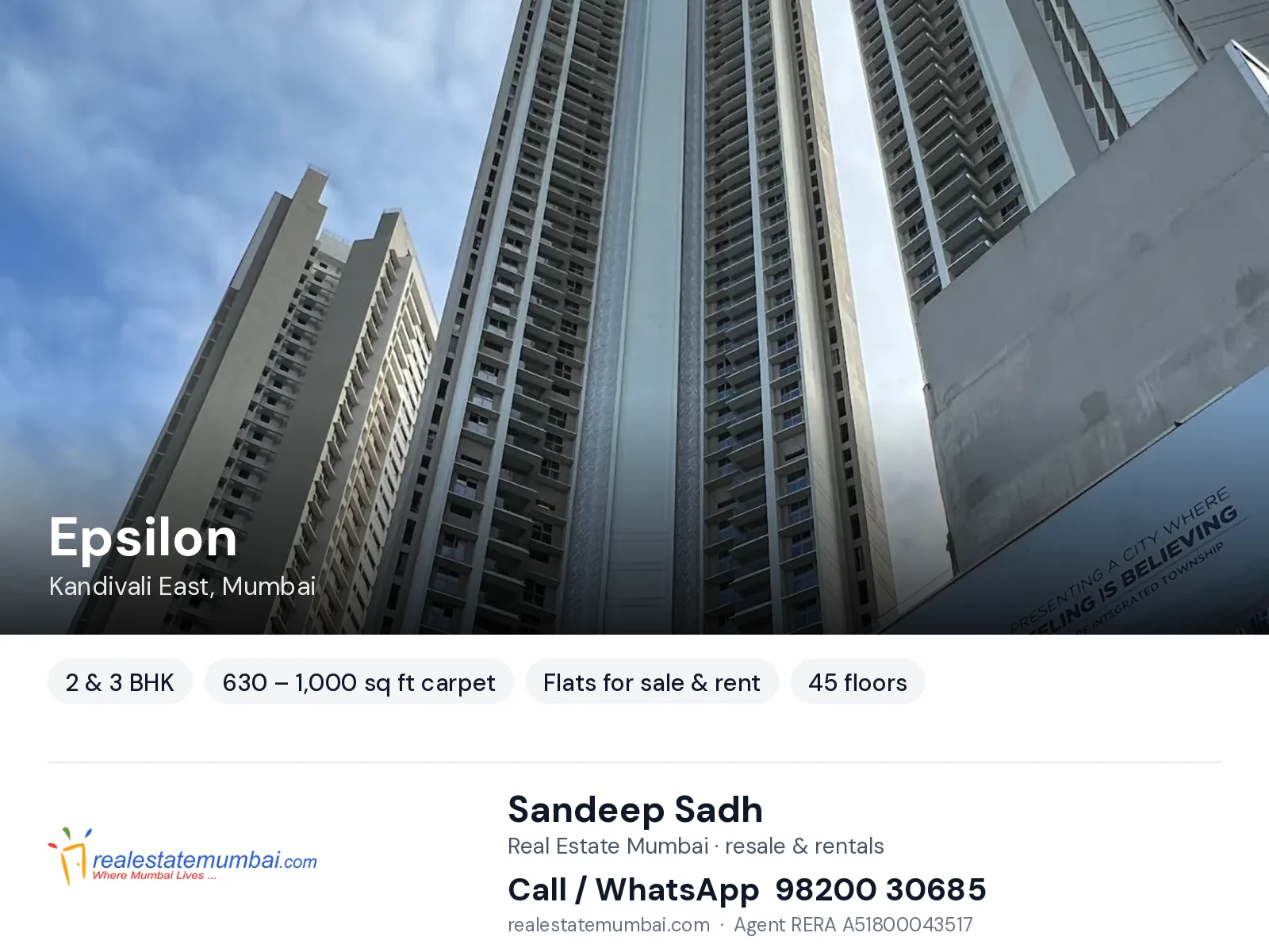 Epsilon, Kandivali East, Mumbai — 2 & 3 BHK flats for sale & rent | Real Estate Mumbai, Sandeep Sadh 98200 30685