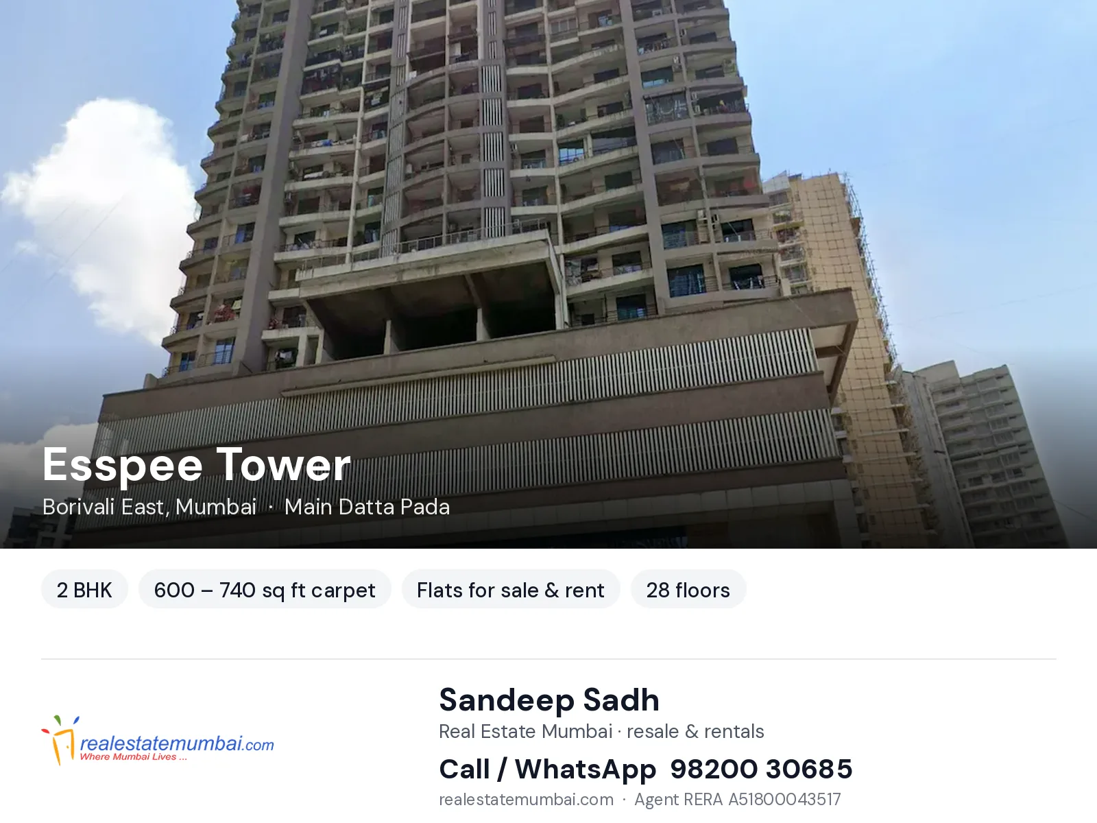 Esspee Tower, Borivali East, Mumbai — 2 BHK flats for sale & rent | Real Estate Mumbai, Sandeep Sadh 98200 30685
