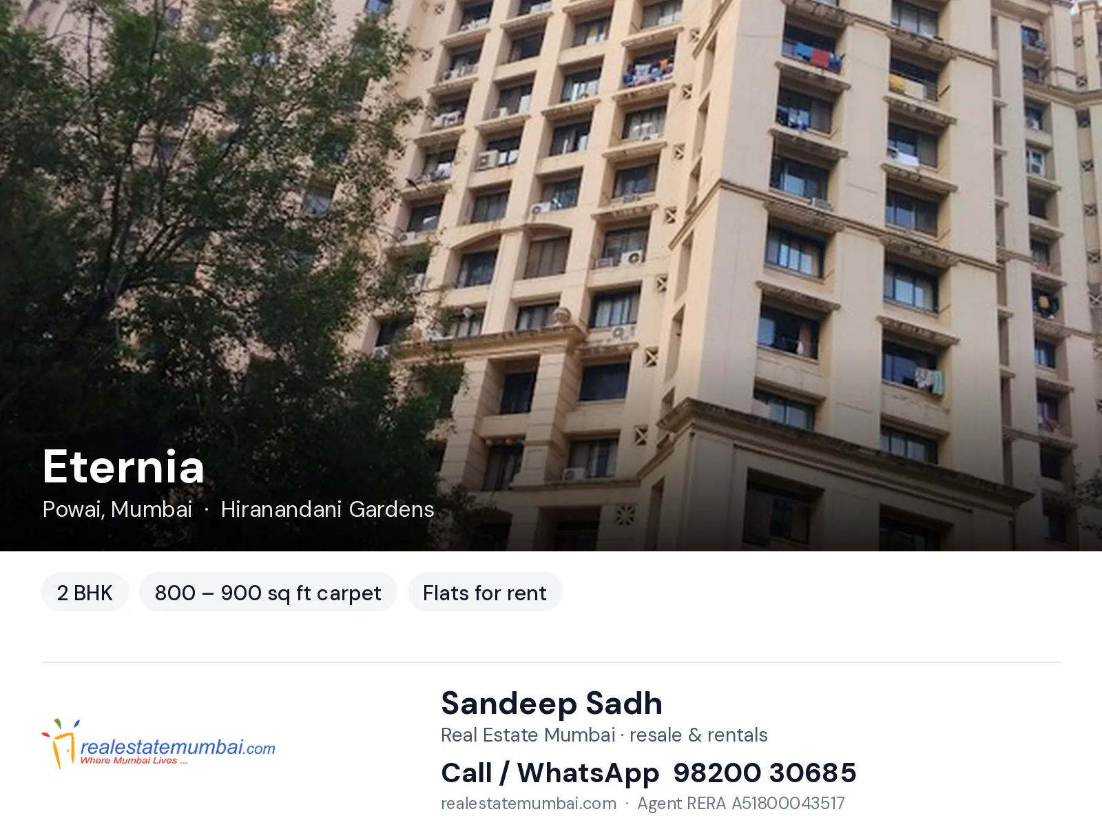 Eternia, Powai, Mumbai — 2 BHK flats for rent | Real Estate Mumbai, Sandeep Sadh 98200 30685