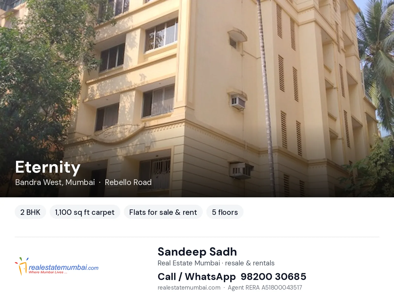 Eternity, Bandra West, Mumbai — 2 BHK flats for sale & rent | Real Estate Mumbai, Sandeep Sadh 98200 30685