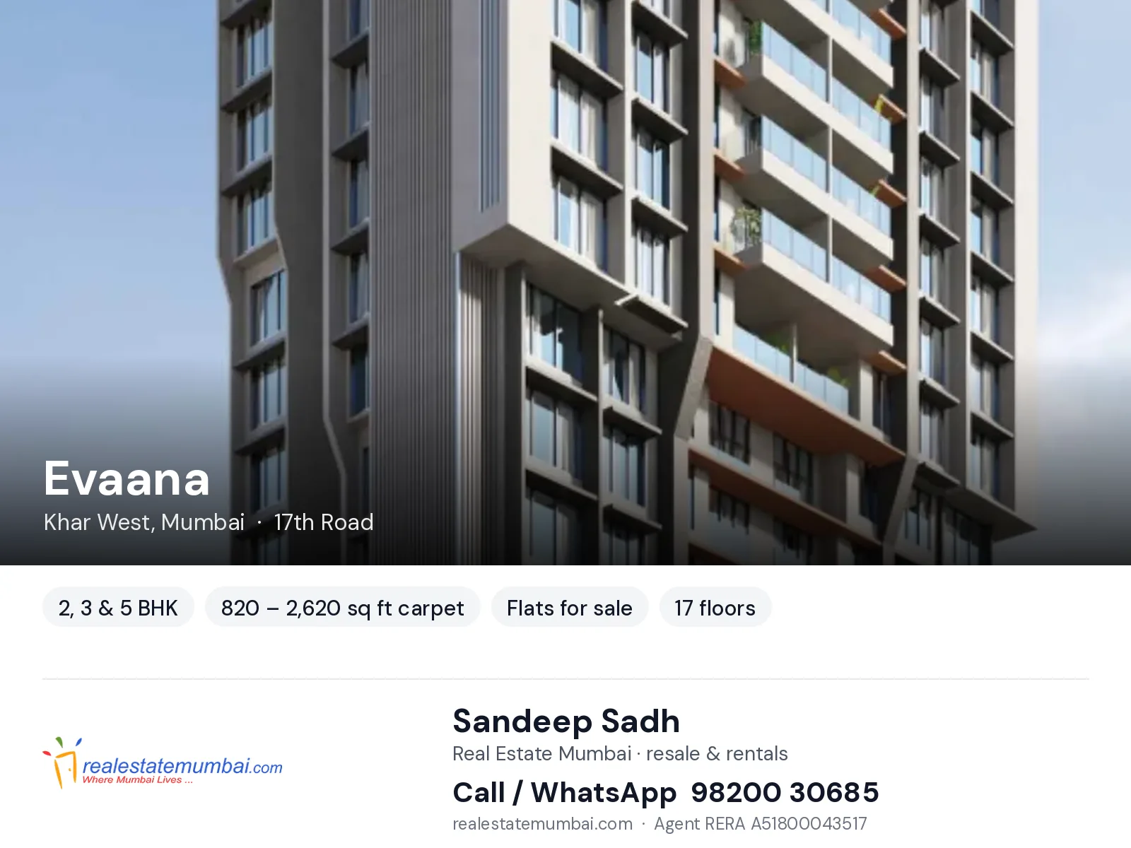 Evaana, Khar West, Mumbai — 2, 3 & 5 BHK flats for sale | Real Estate Mumbai, Sandeep Sadh 98200 30685