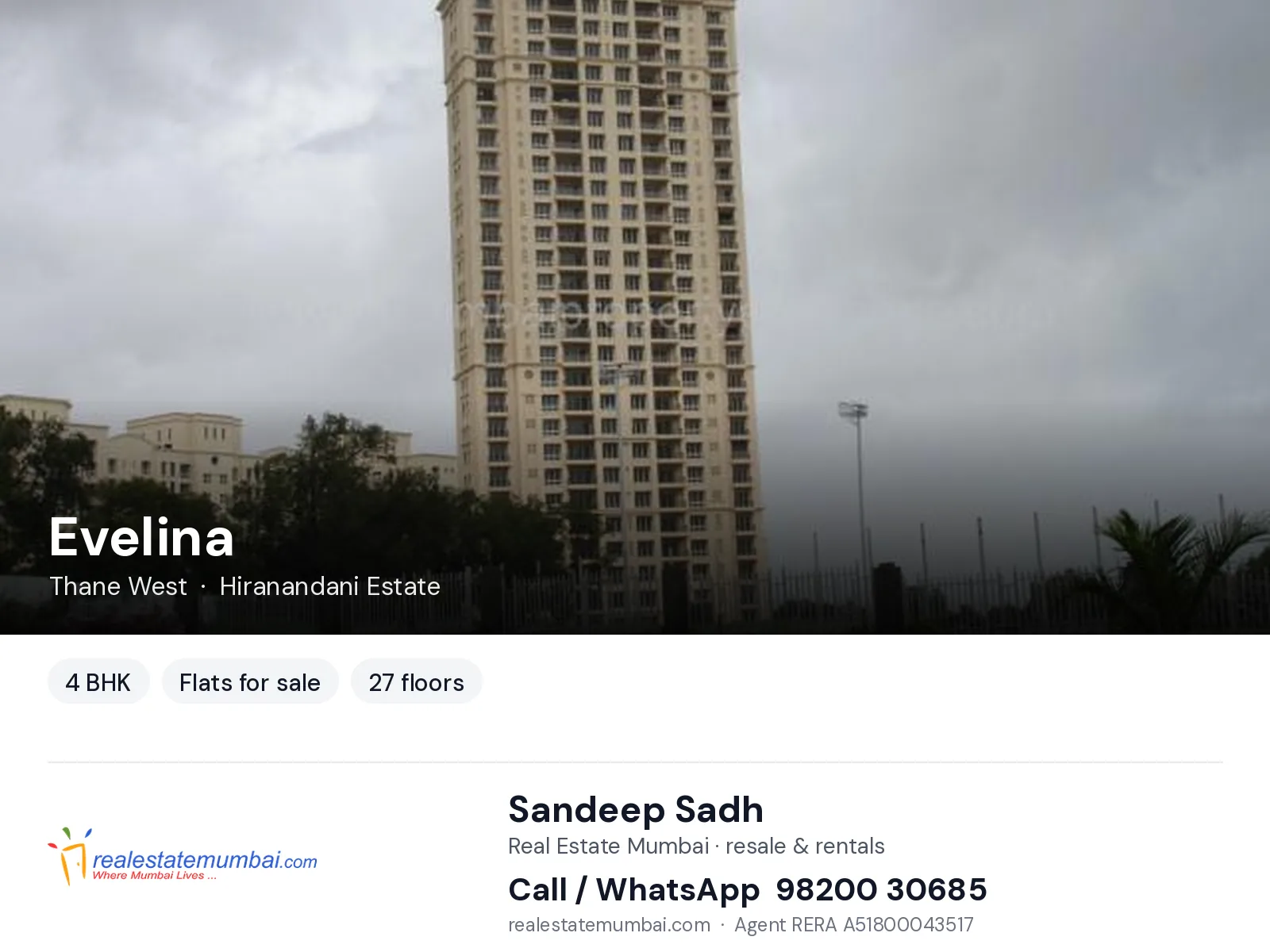 Evelina, Thane West — 4 BHK flats for sale | Real Estate Mumbai, Sandeep Sadh 98200 30685