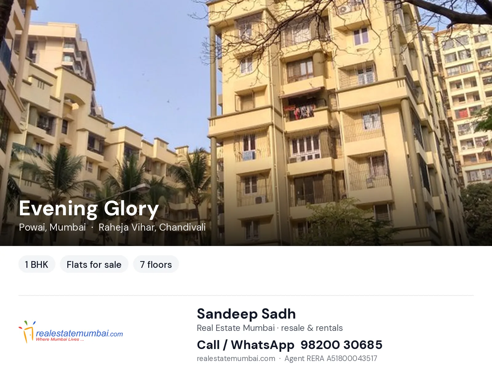 Evening Glory, Powai, Mumbai — 1 BHK flats for sale | Real Estate Mumbai, Sandeep Sadh 98200 30685