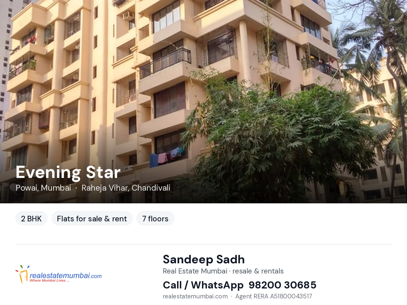 Evening Star, Powai, Mumbai — 2 BHK flats for sale & rent | Real Estate Mumbai, Sandeep Sadh 98200 30685