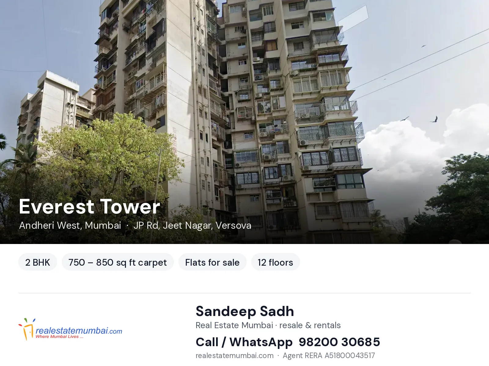 Everest Tower, Andheri West, Mumbai — 2 BHK flats for sale | Real Estate Mumbai, Sandeep Sadh 98200 30685