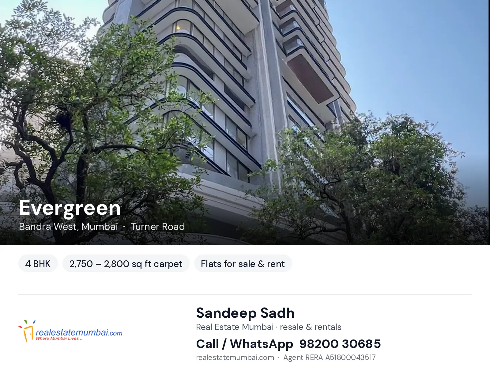 Evergreen, Bandra West, Mumbai — 4 BHK flats for sale & rent | Real Estate Mumbai, Sandeep Sadh 98200 30685