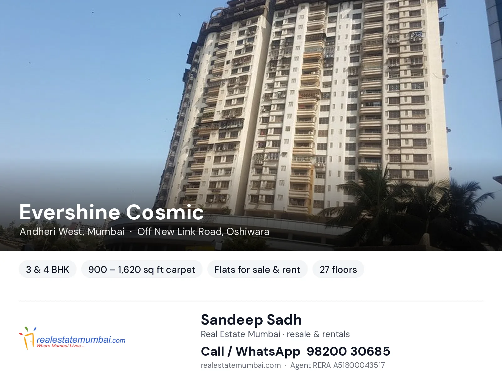 Evershine Cosmic, Andheri West, Mumbai — 3 & 4 BHK flats for sale & rent | Real Estate Mumbai, Sandeep Sadh 98200 30685