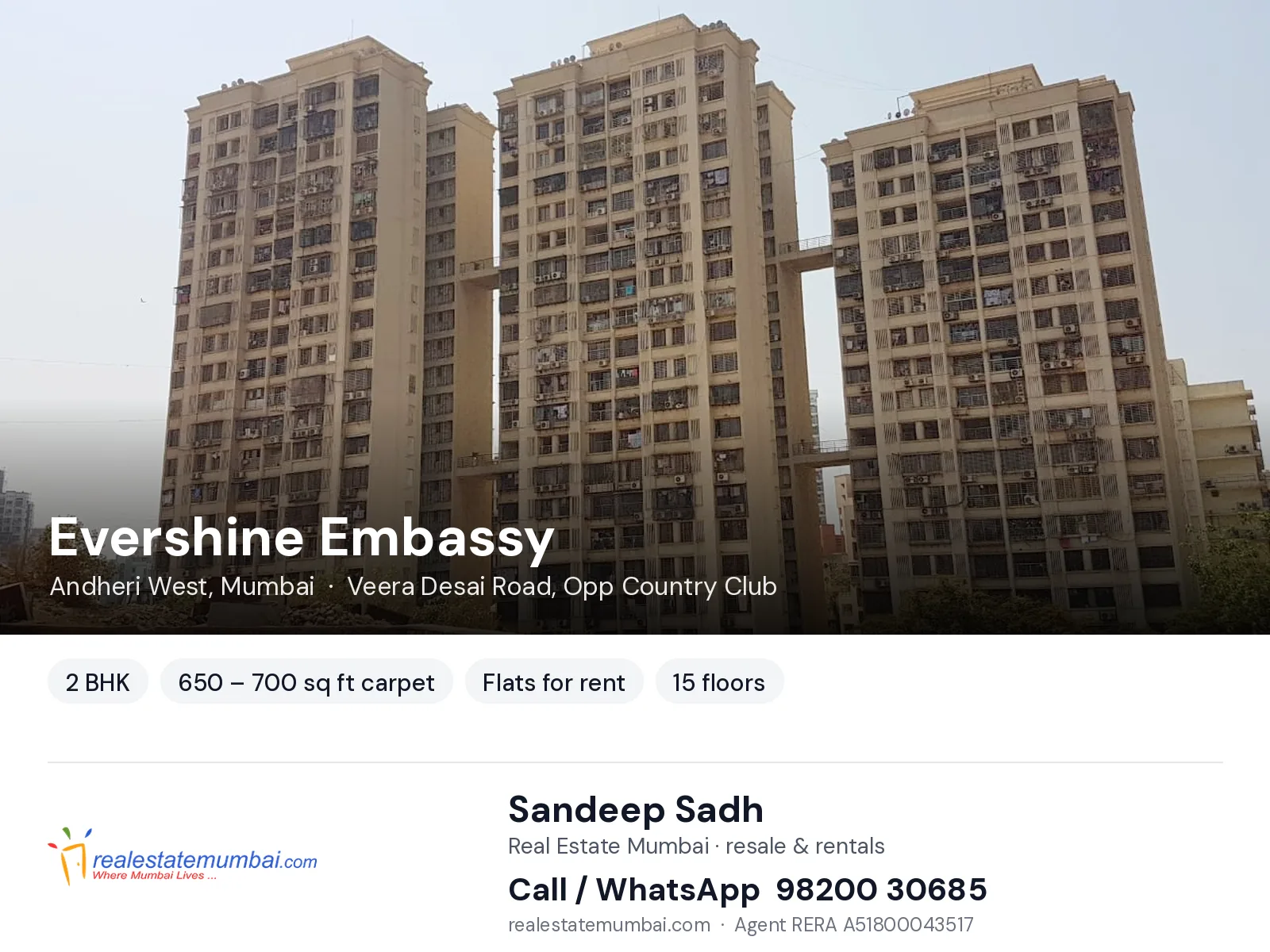 Evershine Embassy, Andheri West, Mumbai — 2 BHK flats for rent | Real Estate Mumbai, Sandeep Sadh 98200 30685
