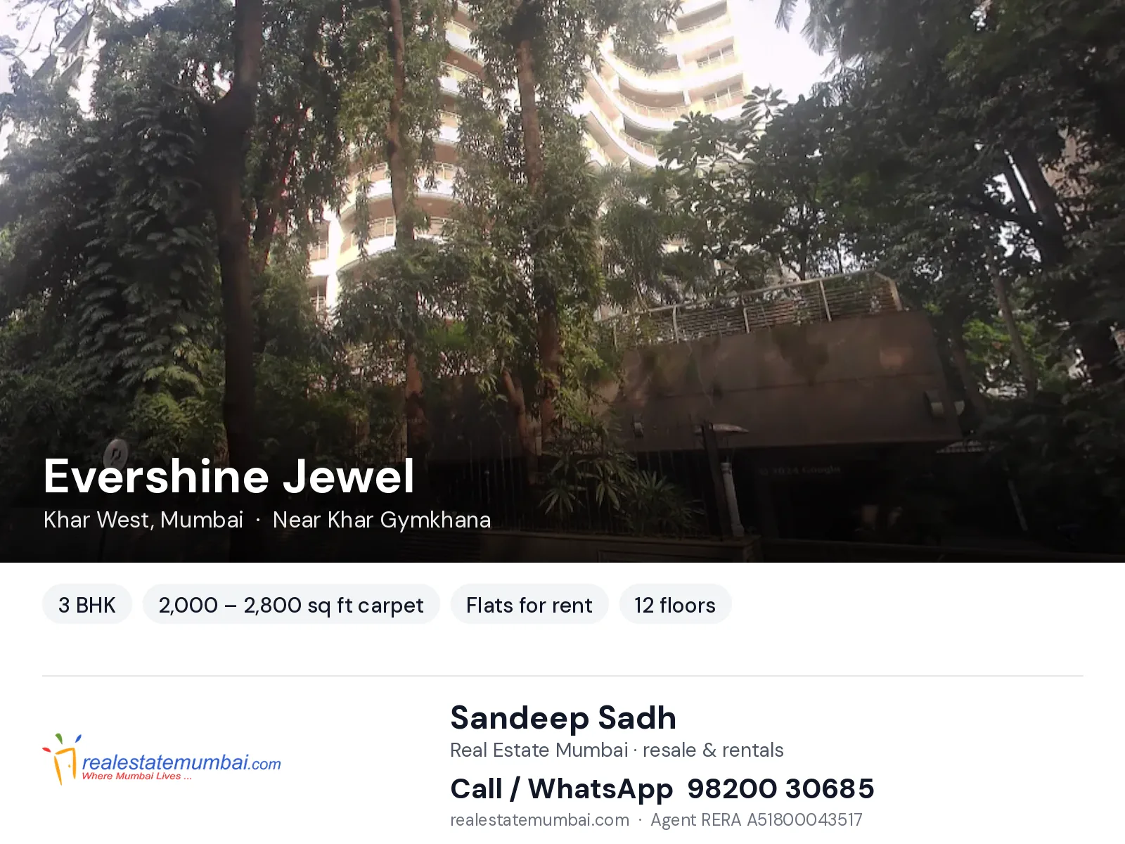 Evershine Jewel, Khar West, Mumbai — 3 BHK flats for rent | Real Estate Mumbai, Sandeep Sadh 98200 30685