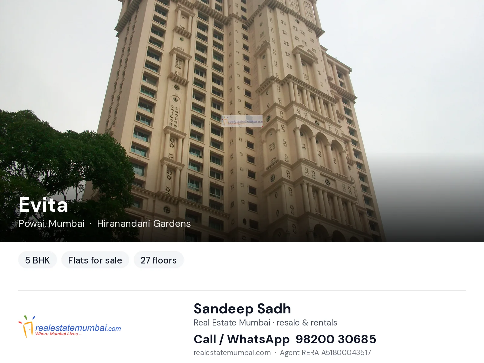 Evita, Powai, Mumbai — 5 BHK flats for sale | Real Estate Mumbai, Sandeep Sadh 98200 30685