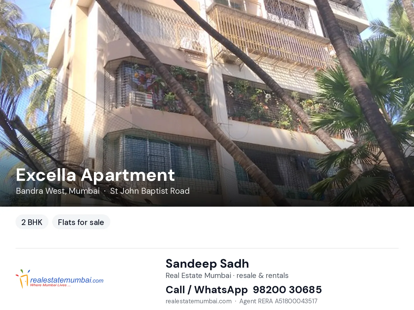 Excella Apartment, Bandra West, Mumbai — 2 BHK flats for sale | Real Estate Mumbai, Sandeep Sadh 98200 30685