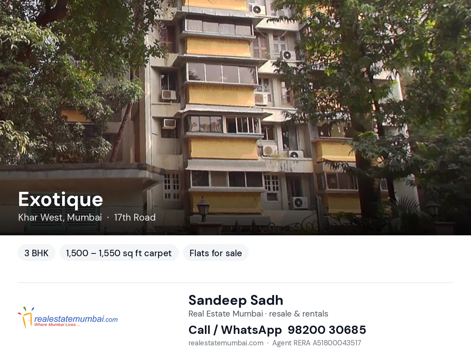 Exotique, Khar West, Mumbai — 3 BHK flats for sale | Real Estate Mumbai, Sandeep Sadh 98200 30685