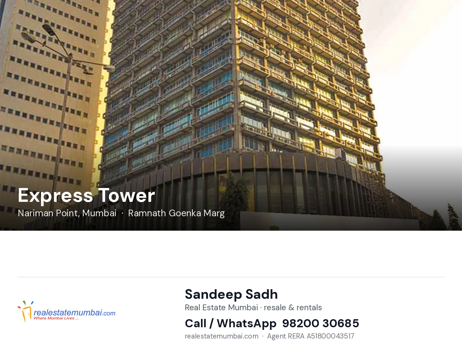 Express Tower, Nariman Point, Mumbai — flats | Real Estate Mumbai, Sandeep Sadh 98200 30685
