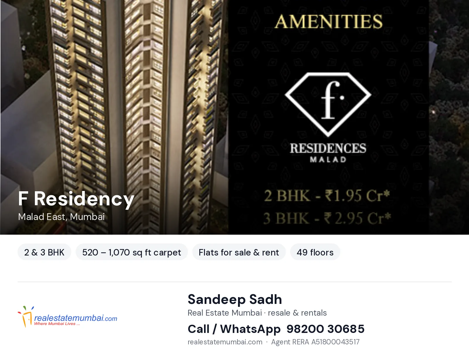 F Residency, Malad East, Mumbai — 2 & 3 BHK flats for sale & rent | Real Estate Mumbai, Sandeep Sadh 98200 30685