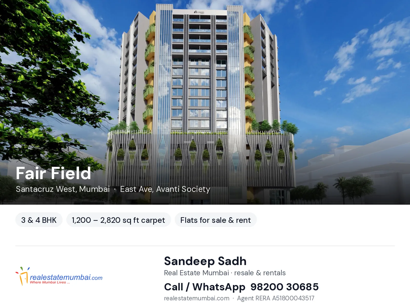Fair Field, Santacruz West, Mumbai — 3 & 4 BHK flats for sale & rent | Real Estate Mumbai, Sandeep Sadh 98200 30685