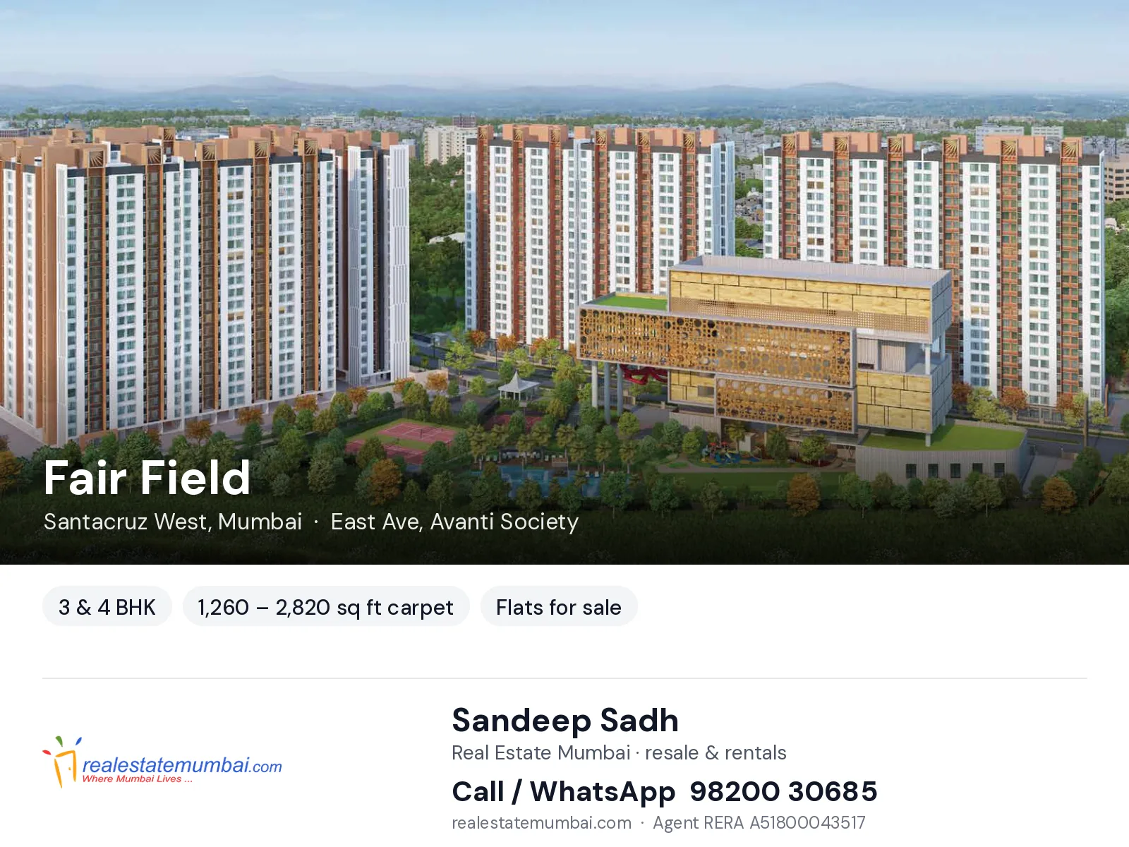 Fair Field, Santacruz West, Mumbai — 3 & 4 BHK flats for sale | Real Estate Mumbai, Sandeep Sadh 98200 30685