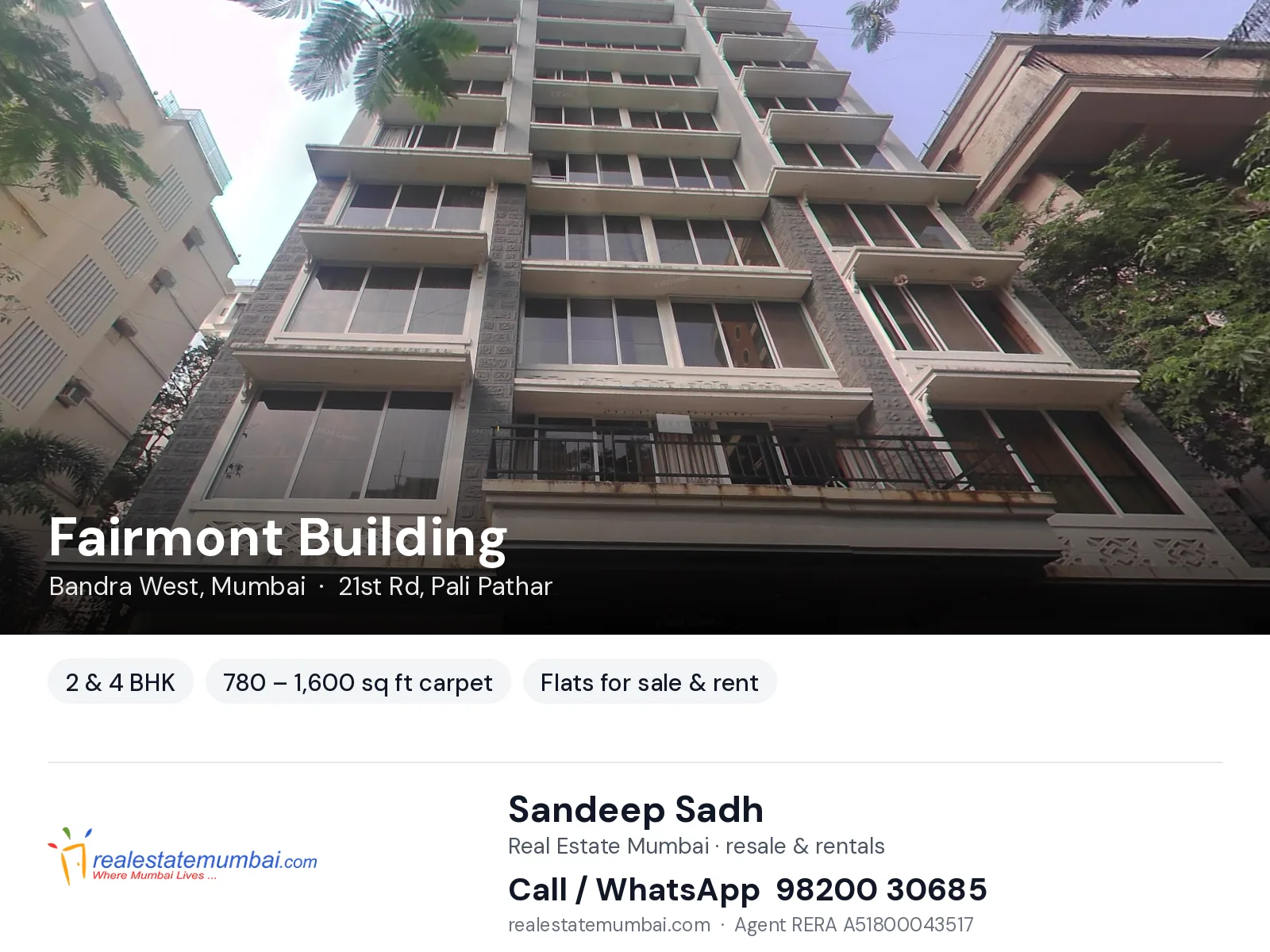 Fairmont Building, Bandra West, Mumbai — 2 & 4 BHK flats for sale & rent | Real Estate Mumbai, Sandeep Sadh 98200 30685