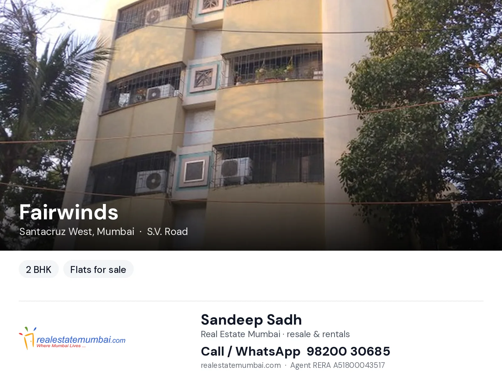 Fairwinds, Santacruz West, Mumbai — 2 BHK flats for sale | Real Estate Mumbai, Sandeep Sadh 98200 30685
