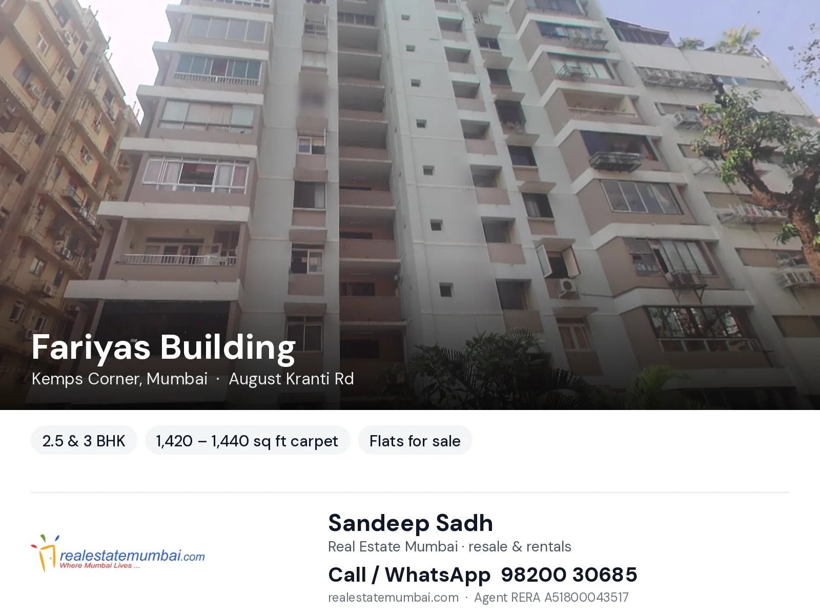 Fariyas Building, Kemps Corner, Mumbai — 2.5 & 3 BHK flats for sale | Real Estate Mumbai, Sandeep Sadh 98200 30685