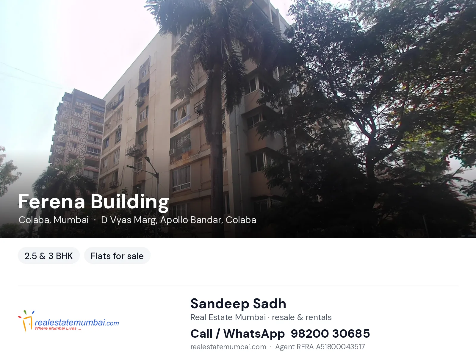 Ferena Building, Colaba, Mumbai — 2.5 & 3 BHK flats for sale | Real Estate Mumbai, Sandeep Sadh 98200 30685