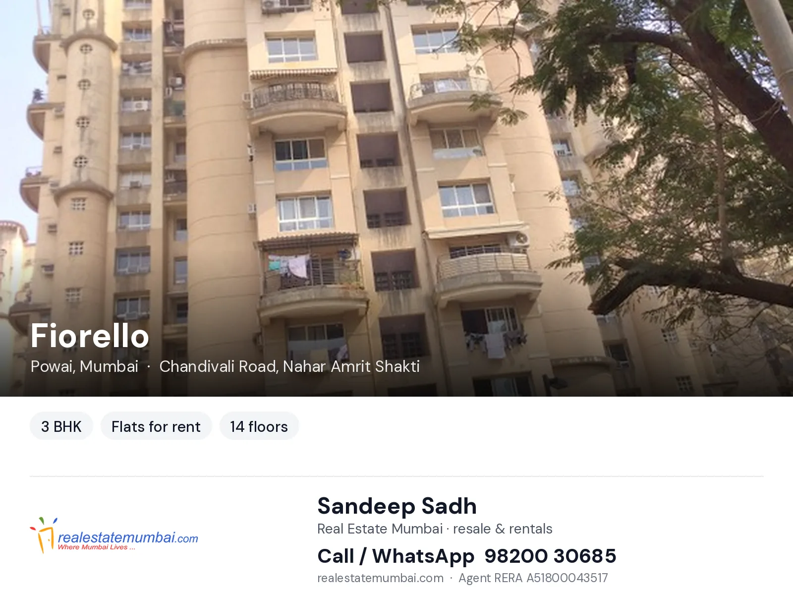 Fiorello, Powai, Mumbai — 3 BHK flats for rent | Real Estate Mumbai, Sandeep Sadh 98200 30685