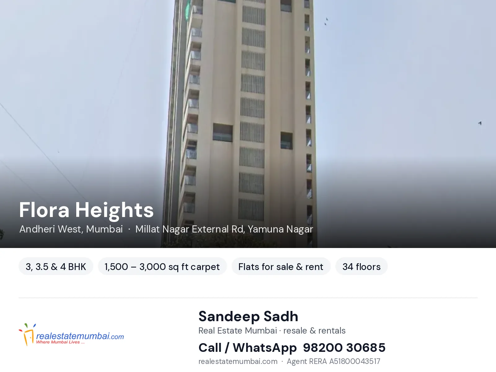 Flora Heights, Andheri West, Mumbai — 3, 3.5 & 4 BHK flats for sale & rent | Real Estate Mumbai, Sandeep Sadh 98200 30685