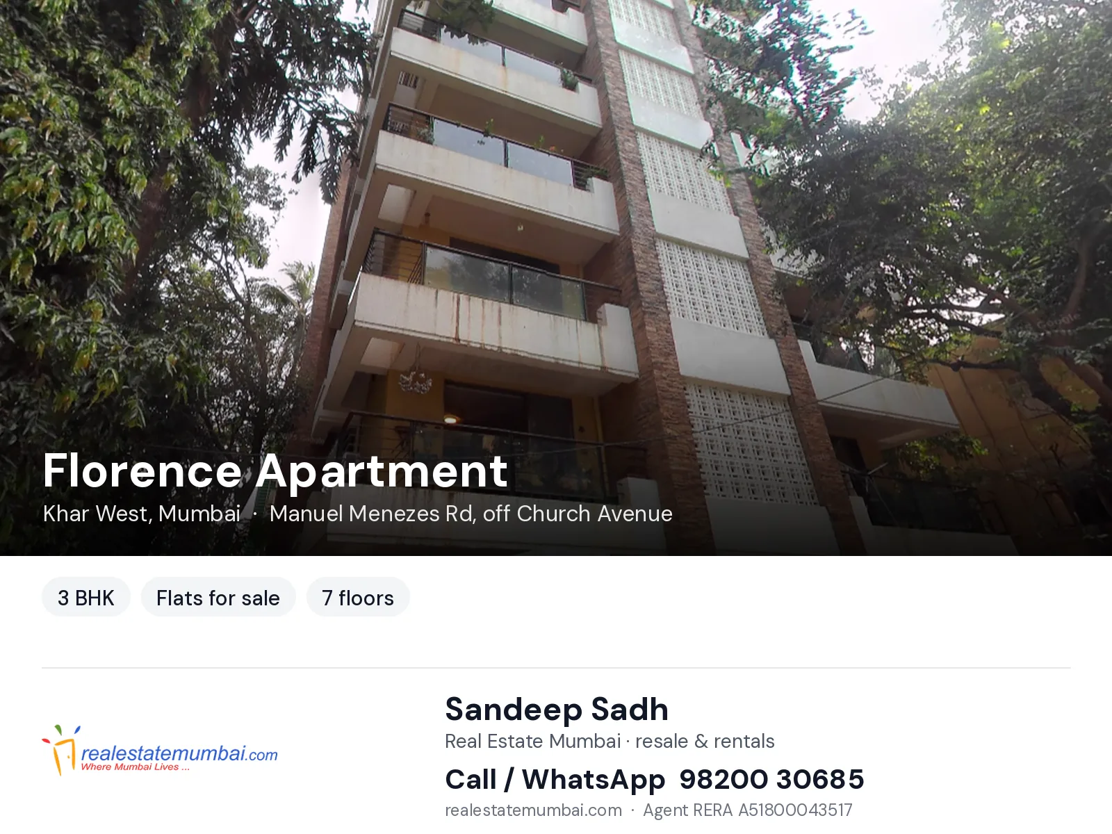 Florence Apartment, Khar West, Mumbai — 3 BHK flats for sale | Real Estate Mumbai, Sandeep Sadh 98200 30685
