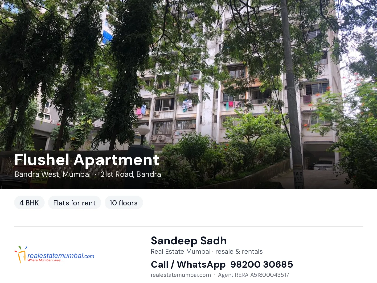 Flushel Apartment, Bandra West, Mumbai — 4 BHK flats for rent | Real Estate Mumbai, Sandeep Sadh 98200 30685