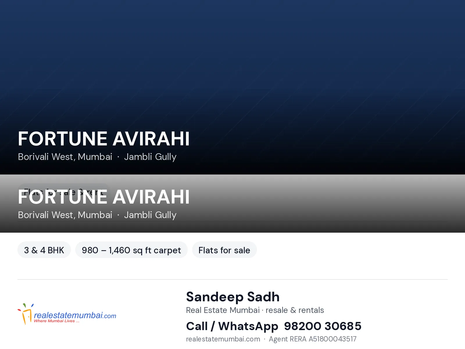 FORTUNE AVIRAHI, Borivali West, Mumbai — 3 & 4 BHK flats for sale | Real Estate Mumbai, Sandeep Sadh 98200 30685