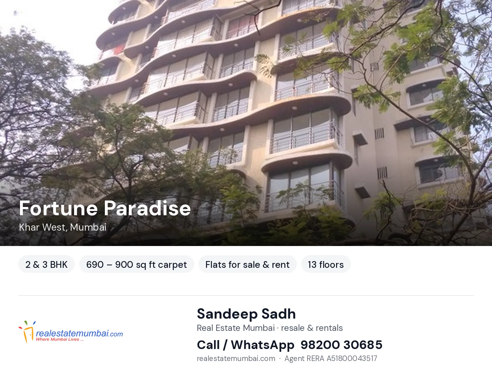 Fortune Paradise, Khar West, Mumbai — 2 & 3 BHK flats for sale & rent | Real Estate Mumbai, Sandeep Sadh 98200 30685