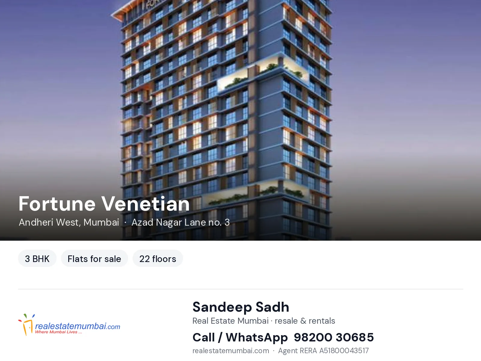 Fortune Venetian, Andheri West, Mumbai — 3 BHK flats for sale | Real Estate Mumbai, Sandeep Sadh 98200 30685