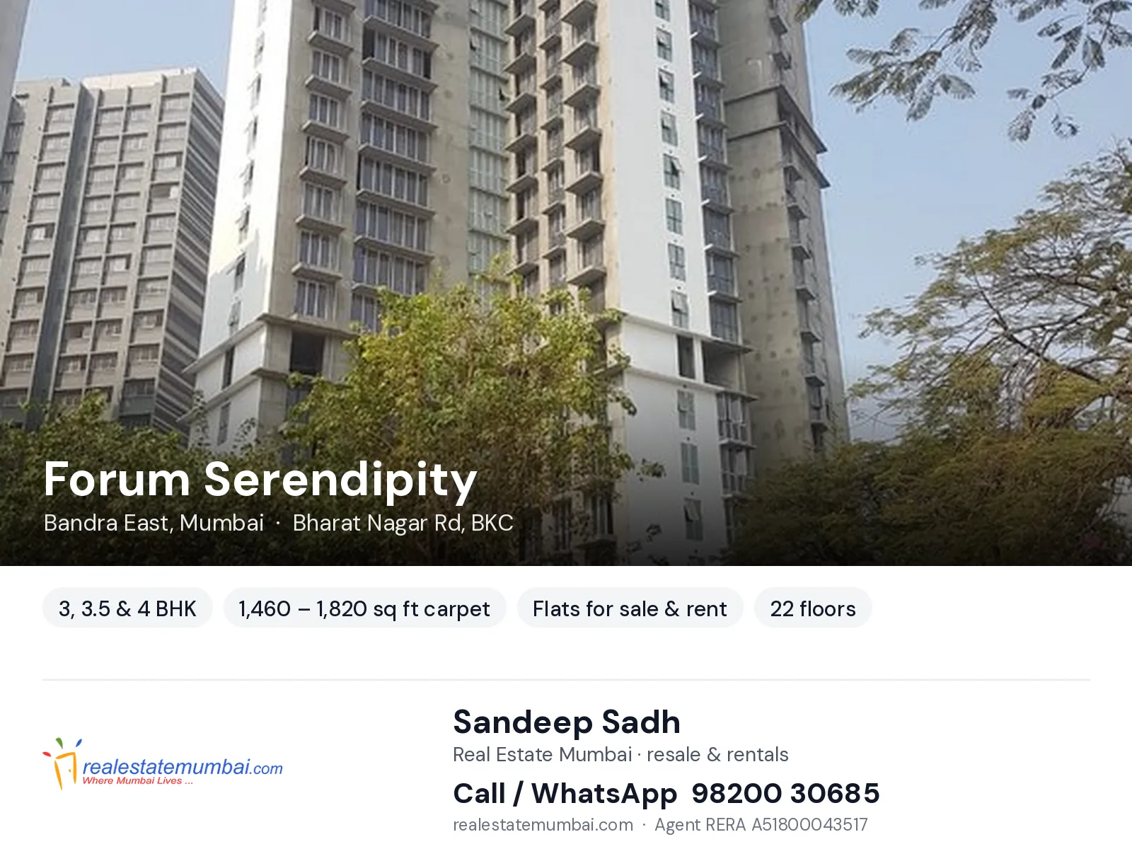 Forum Serendipity, Bandra East, Mumbai — 3, 3.5 & 4 BHK flats for sale & rent | Real Estate Mumbai, Sandeep Sadh 98200 30685
