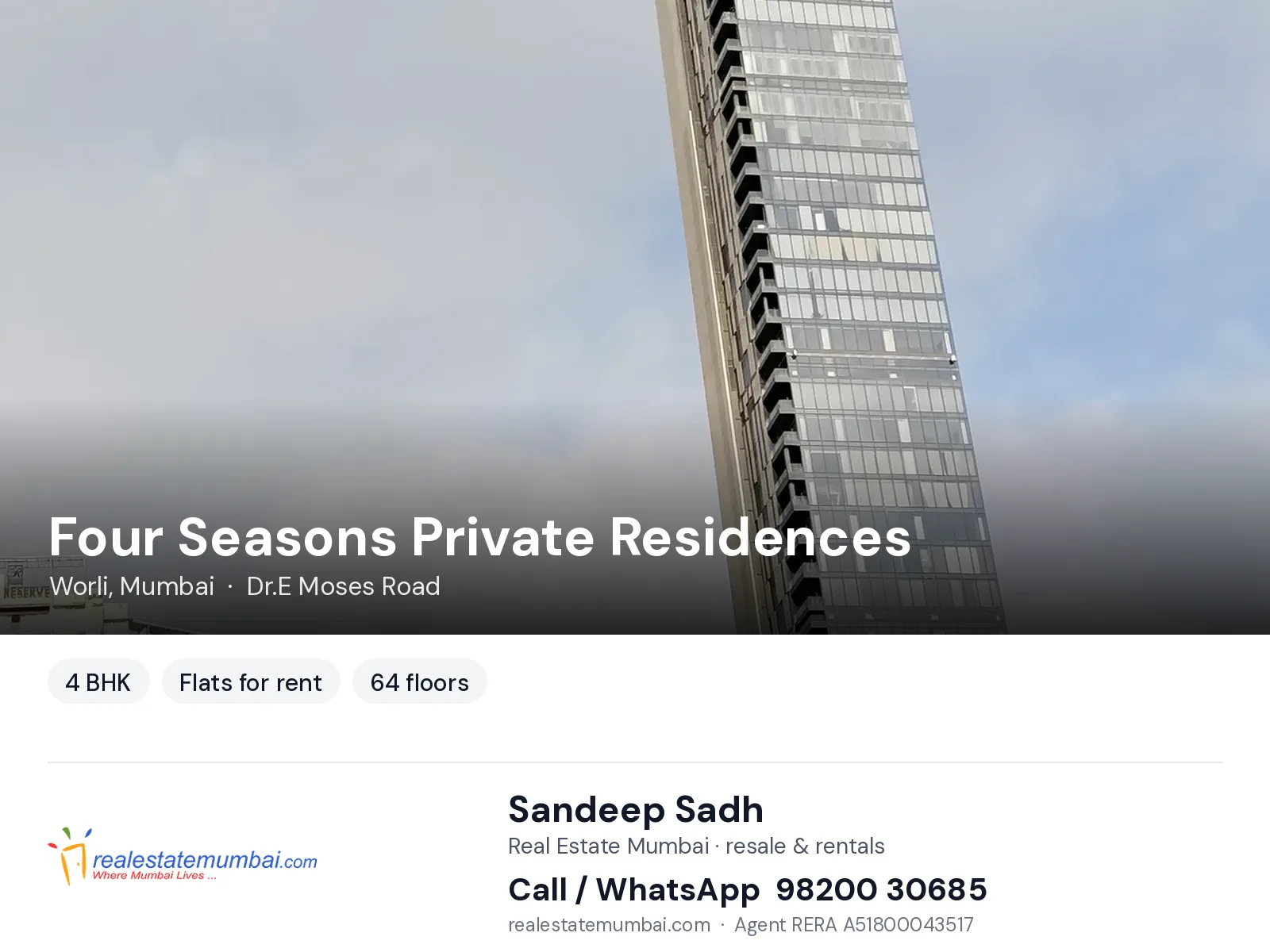 Four Seasons Private Residences, Worli, Mumbai — 4 BHK flats for rent | Real Estate Mumbai, Sandeep Sadh 98200 30685