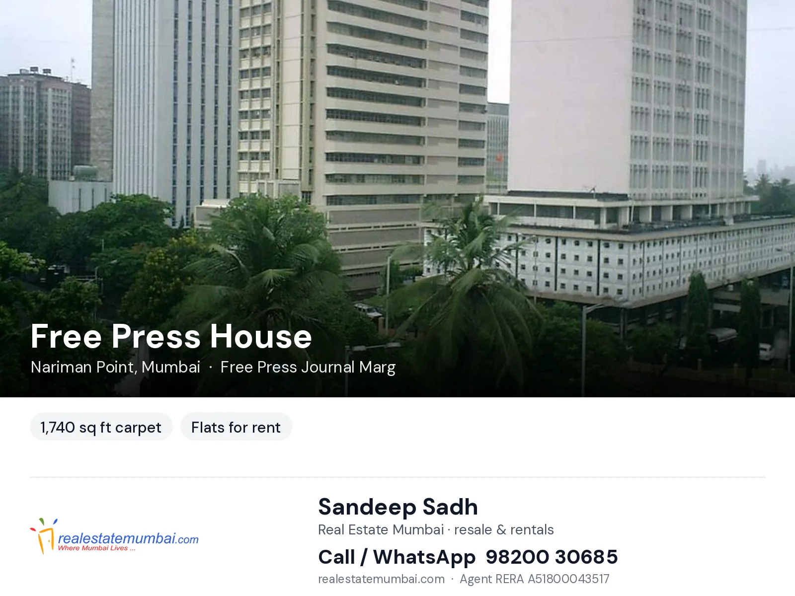 Free Press House, Nariman Point, Mumbai — flats for rent | Real Estate Mumbai, Sandeep Sadh 98200 30685